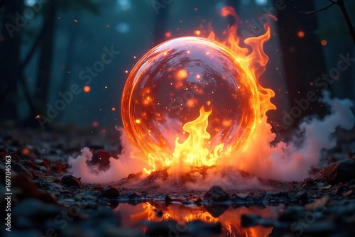 Ethereal flames dance within a mystical, glowing orb, a surreal spectacle of burning magic  The otherworldly fire emits an enchanting, smoky haze ,  wonder,  light