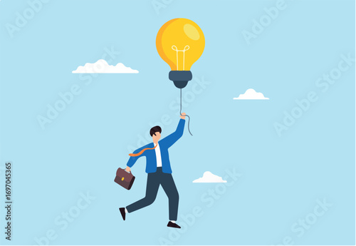 Flat illustration of businessman fly with lightbulb balloons looking telescope visionary ideas searching success finding solution
