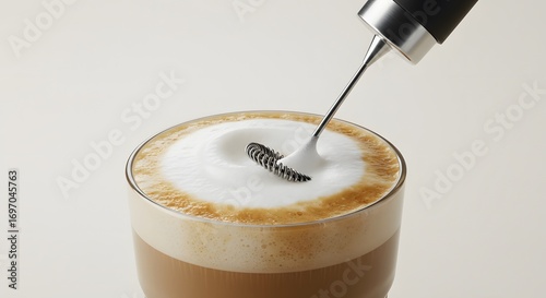 A milk frother with creamy cappuccino foam, solid ivory white background