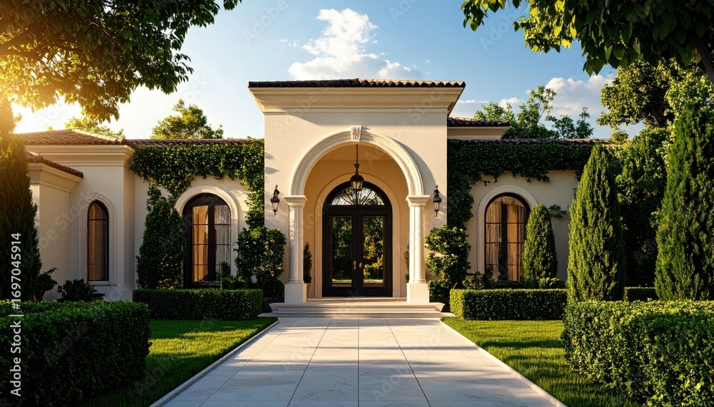 Obraz premium A close-up of a luxurious house facade with an entrance, beautiful garden, and trees. A concept of wealthy living and real estate