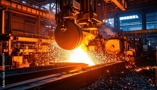 A close-up of a metal casting process in a steel mill with liquid glowing metal and bright sparks flying from the machine. A concept of heavy industry and manufacturing