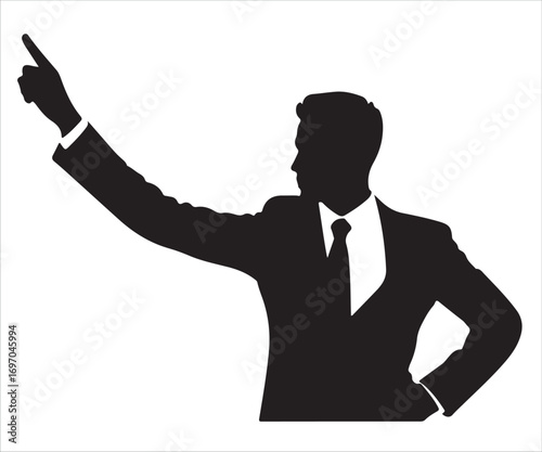 Silhouette of confident businessman in suit pointing upward with raised arm, leadership symbol, ambition, success, growth, direction, strategy, vision, authority, professional corporate concept illust