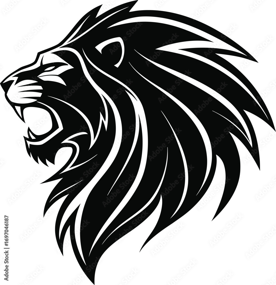 Obraz premium Stylized Lion Head Silhouette Mascot Vector, Fierce Lion Head Outline Illustration, Regal Jungle King Lion Silhouette Design, Bold Lion Face Mascot Graphic