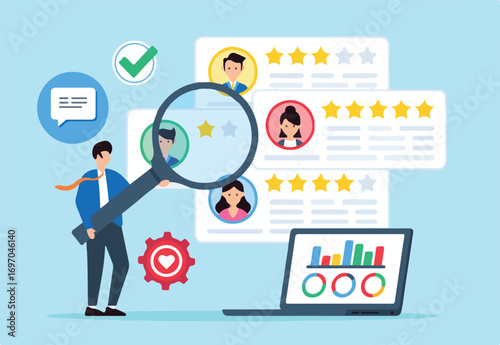 Interpreting client reviews and surveys, improving products and services concept vector illustration. Business analyst analyzing customer feedback