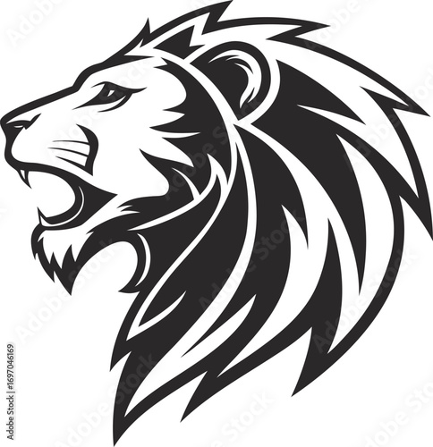Stylized Lion Head Silhouette Mascot Vector, Fierce Lion Head Outline Illustration, Regal Jungle King Lion Silhouette Design, Bold Lion Face Mascot Graphic