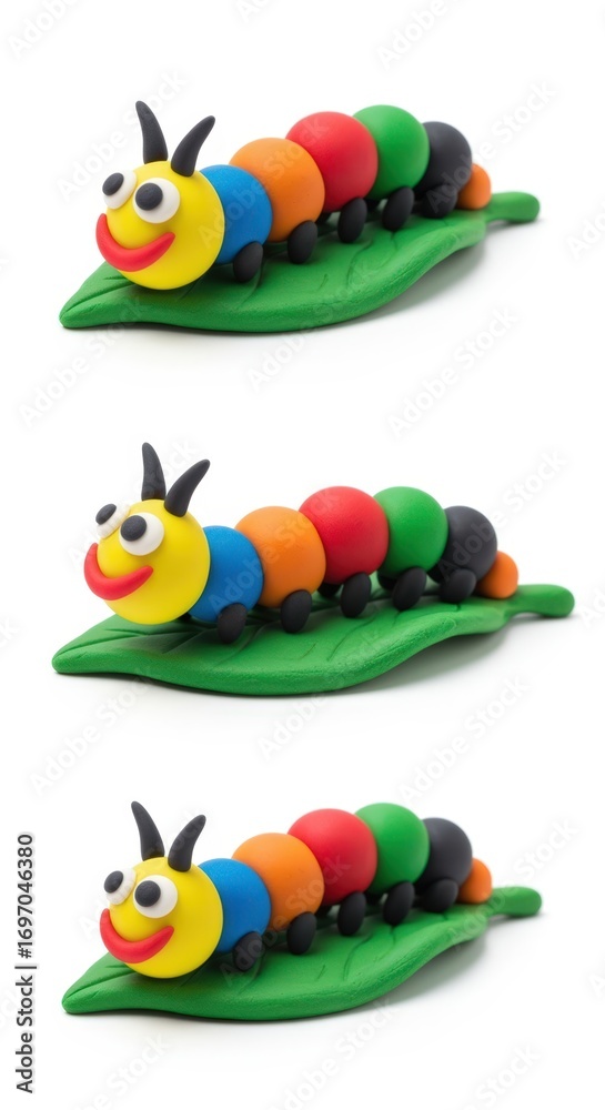 Obraz premium Playful colorful clay caterpillar on green leaf