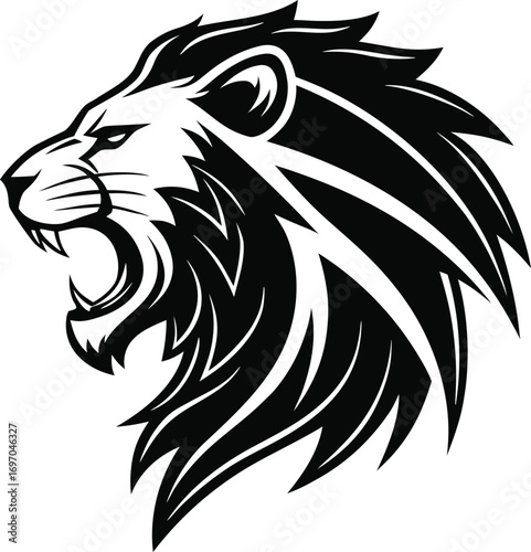 Stylized Lion Head Silhouette Mascot Vector, Fierce Lion Head Outline Illustration, Regal Jungle King Lion Silhouette Design, Bold Lion Face Mascot Graphic