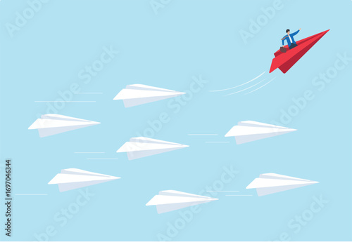 Flat illustration of businessman flying red paper plane in different direction to symbolize leadership innovation and thinking differently from the crowd