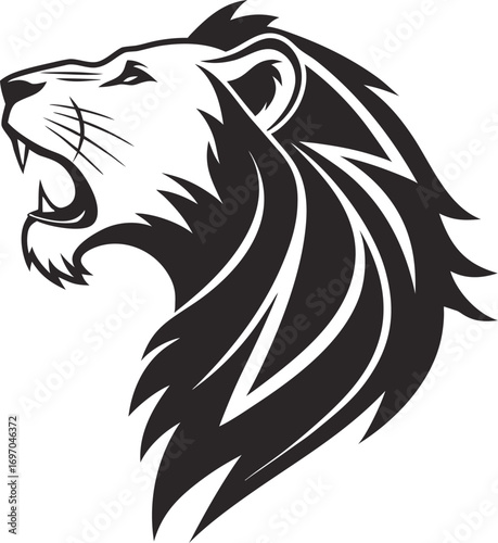 Stylized Lion Head Silhouette Mascot Vector, Fierce Lion Head Outline Illustration, Regal Jungle King Lion Silhouette Design, Bold Lion Face Mascot Graphic