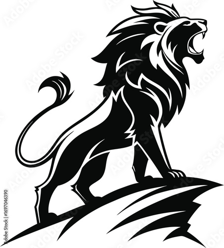 Stylized Lion Head Silhouette Mascot Vector, Fierce Lion Head Outline Illustration, Regal Jungle King Lion Silhouette Design, Bold Lion Face Mascot Graphic