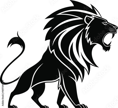 Stylized Lion Head Silhouette Mascot Vector, Fierce Lion Head Outline Illustration, Regal Jungle King Lion Silhouette Design, Bold Lion Face Mascot Graphic