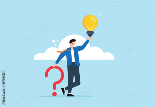 Flat illustration of smart businessman holds question mark sign alongside lightbulb representing creative problem-solving ideas