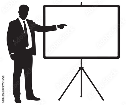Silhouette of businessman in suit pointing at blank presentation board on tripod stand, professional corporate training, business meeting, leadership, seminar, lecture, workshop, or conference concept