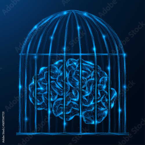 The imprisoned intellect. The brain is in an iron cage. The concept of limiting freedom of thought and digital slavery. Polygonal design of interconnected elements, blue background.