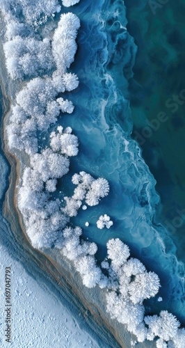 Frozen trees bordering a vibrant blue lake