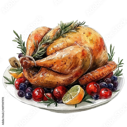 Turkey Roast, watercolor clipart vector, isolated on a white background.