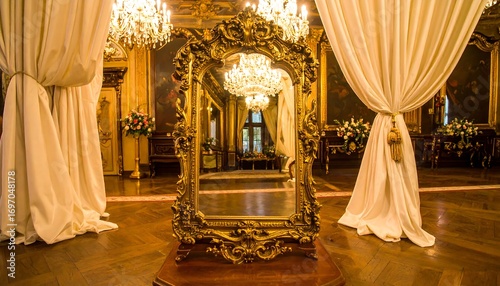 Opulent ballroom interior featuring an antique gold mirror and white drapes