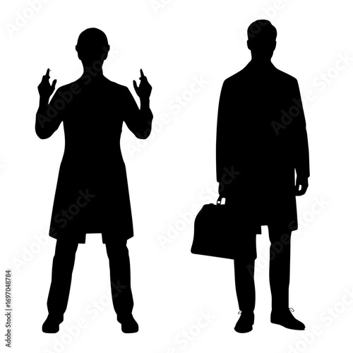 Two doctors in silhouette one gesturing with hands and the other holding a briefcase isolated on a white background for medical concepts