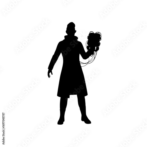 Silhouette of a man in a coat holding a tangled mass of wires and cables in his hand against a white background