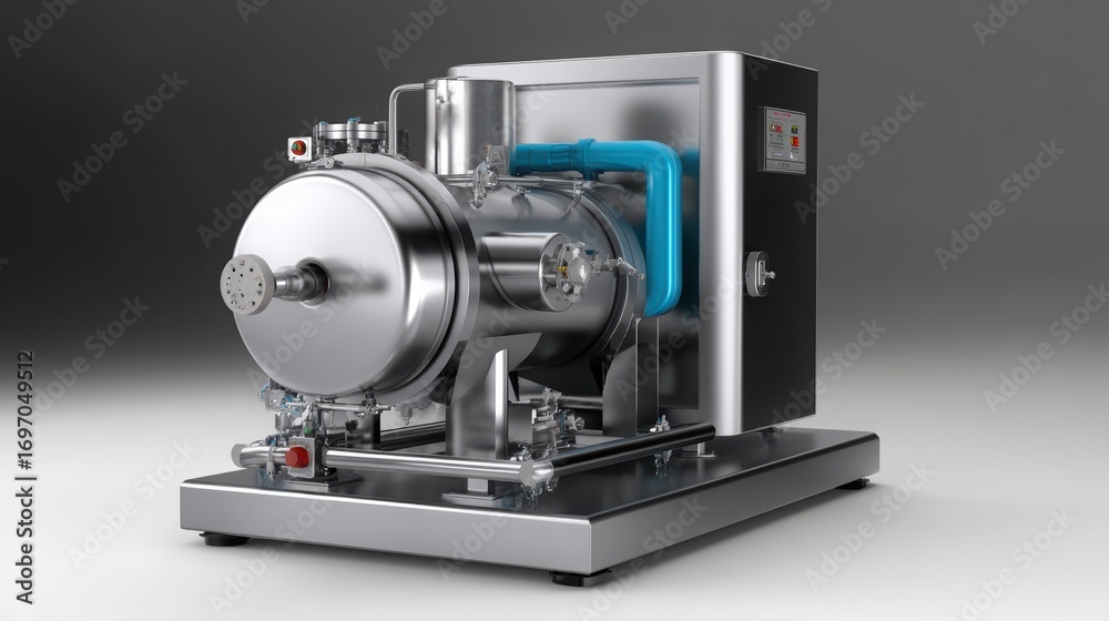 Fototapeta premium A sleek, modern industrial machine with a polished metallic surface and blue piping, designed for efficient processing or manufacturing tasks.
