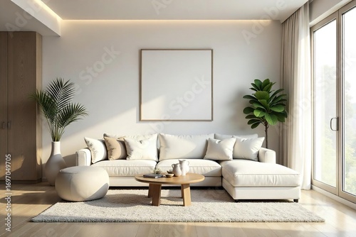 Serene Minimalist Living Room Calm Neutral Tones and Natural Light Create a Spacious and Peaceful Atmosphere, Ideal for Interior Design Blogs and Magazines