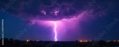 Spectacular lightning bolt striking during a powerful thunderstorm, illuminating the dark night sky Dramatic display of nature's raw electrical power , tempest, dark, electricity