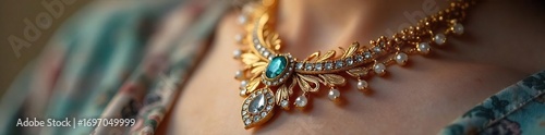 Sparkling Gold Necklace Close-Up Delicate Design, Intricate Detailing, Gemstone Pendant, Luxury Jewelry Photography Perfect for Fashion and Advertising
