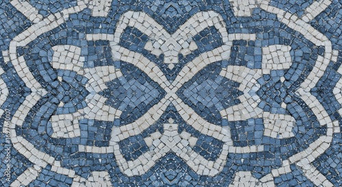Greek mosaic stone pattern with detailed blue and white symmetry for classical cultural backgrounds