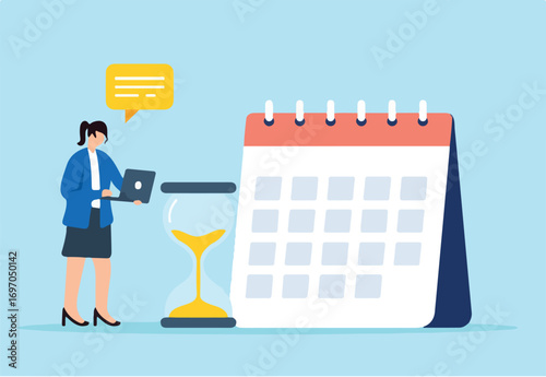 Flat illustration of businesswoman work on laptop with sandglass and calendar managing deadlines for project launch