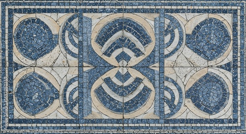 Greek mosaic stone pattern with detailed blue and white symmetry for classical cultural backgrounds