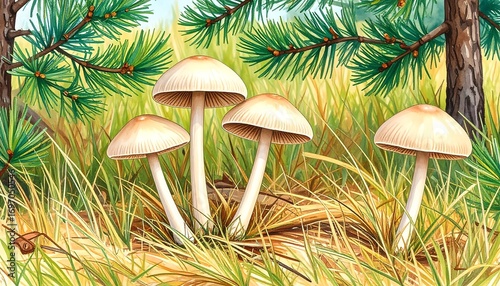 Four mushrooms in a grassy forest