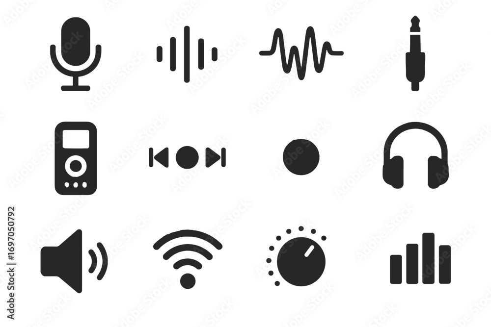 Obraz premium Voice dial led headphone volume analyzer icon buttons frequency indicator scanner icons