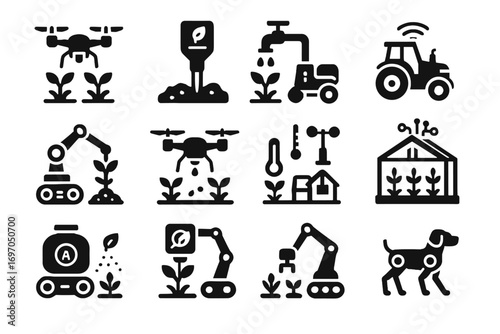 Weather drone farm robotic seeder vector icon agriculture system weeder irrigation ai