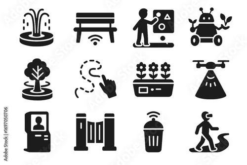 Digital robotic icon futuristic bench walking gate flowerbed park trash path vector