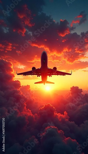 Giant aircraft soaring through a vibrant sunset, majestic wings against a fiery sky A breathtaking spectacle of aviation and nature's beauty , high, altitude, freedom