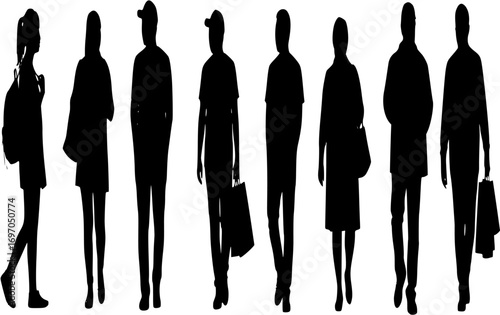 Diverse group of people silhouettes walking and interacting together
