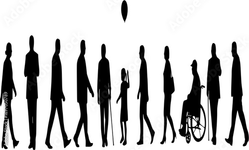 Diverse group of people silhouettes walking and interacting together

