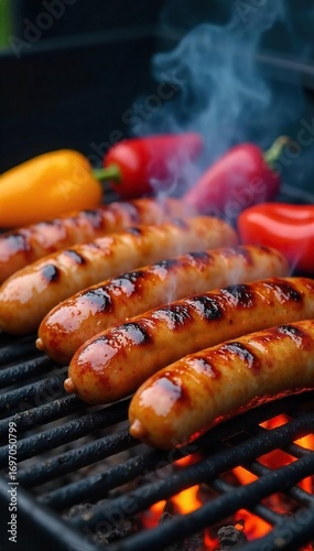 Close-up shot of sizzling sausages and peppers on a hot grill, grilling marks visible, smoky atmosphere, outdoor cooking scene , summer food, sausages