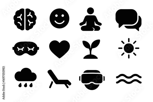 Sun headset icon meditation brain vector health chair sprout mask rain mental