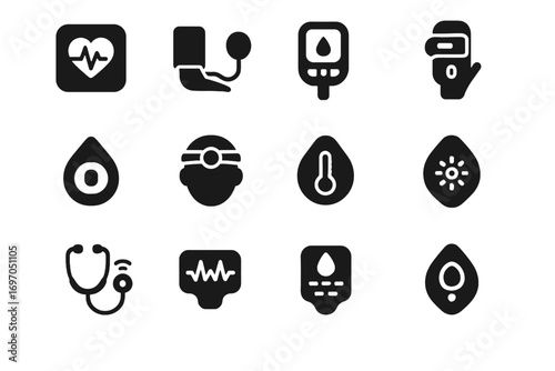 Icons sensor tracker glucose patch electrocardiogram brainwave icon medical vector pain biosensor