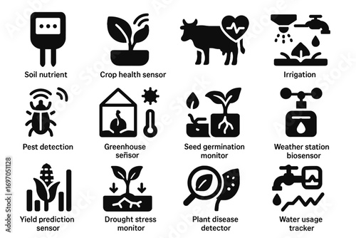 Biosensor nutrient pest vector stress icon sensor agricultural usage livestock monitor icons