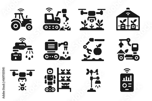Automated icons agriculture planting yield weather prediction analysis robotic icon vertical vector