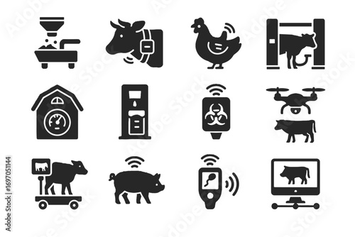 Livestock tracker poultry feeding movement pasture water automation icon hub vector drone