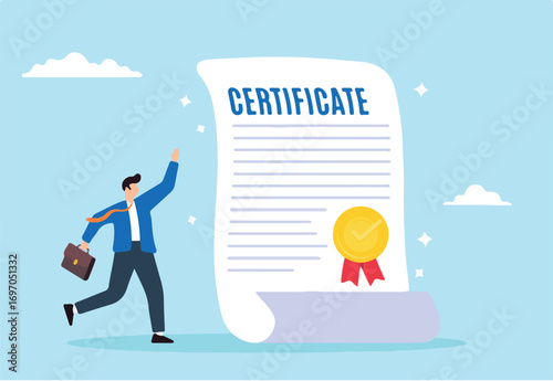 Happy businessman with star certificate paper, illustrating work achievement. Concept of certificate for taking course, award for excellent work, diploma document, and license stamp