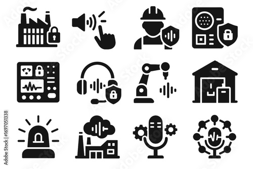 Panel factory microphone robot control alarm industrial log icon voice vector