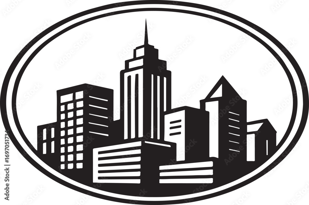 Fototapeta premium Black and white city skyline inside a circle buildings