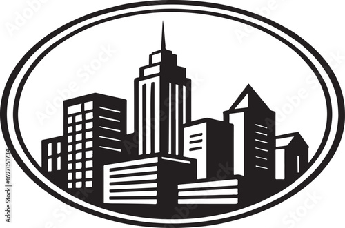 Black and white city skyline inside a circle buildings