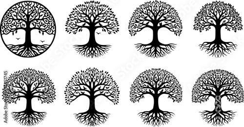 Tree of Life Inside Circle – Laser Cutting Template, Tree Silhouette Vector for Craft and Decoration