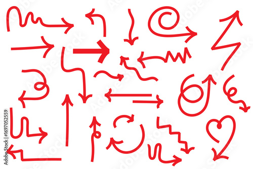  Hand-drawn chunky arrows in various curved, wavy, and looped styles. Chalk, sketch-style red arrows perfect for directions, infographics, presentations, creative designs, and highlighting elements