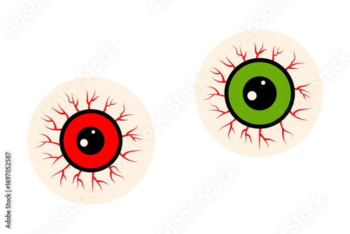 Set of creepy Halloween bloodshot eyeball vector design. Spooky monster red and green eye illustration. Isolated PNG perfect for seasonal, scary themes, trick treat, holiday decoration. High res PNG